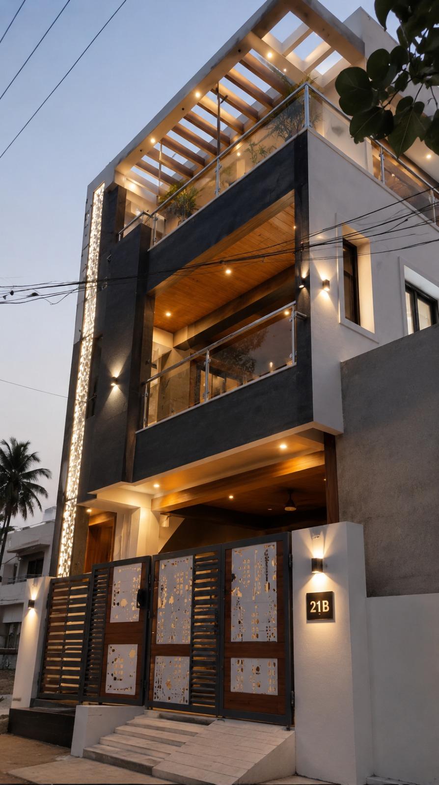Modern residence front elevation architecture design in Tamil Nadu