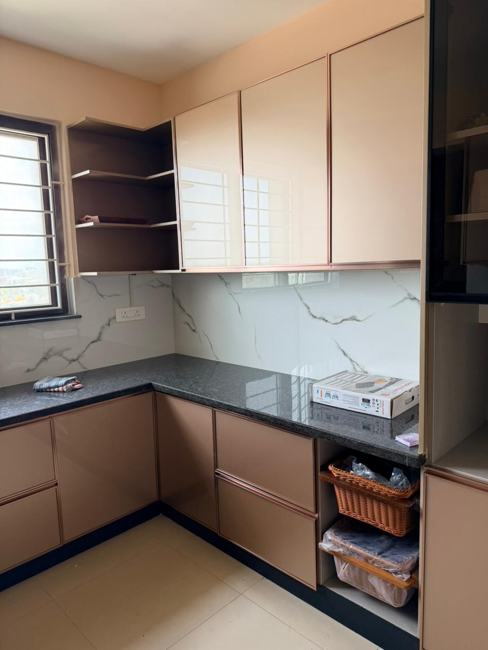 Premium brown and white modular kitchen interior design in Chennai