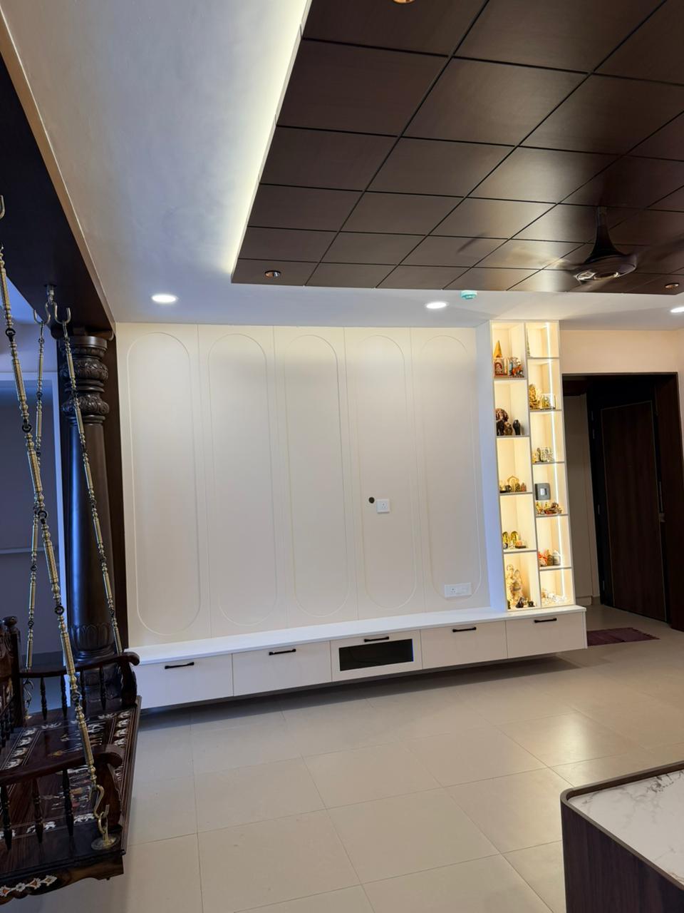 Premium TV wall with display shelf for living room interiors