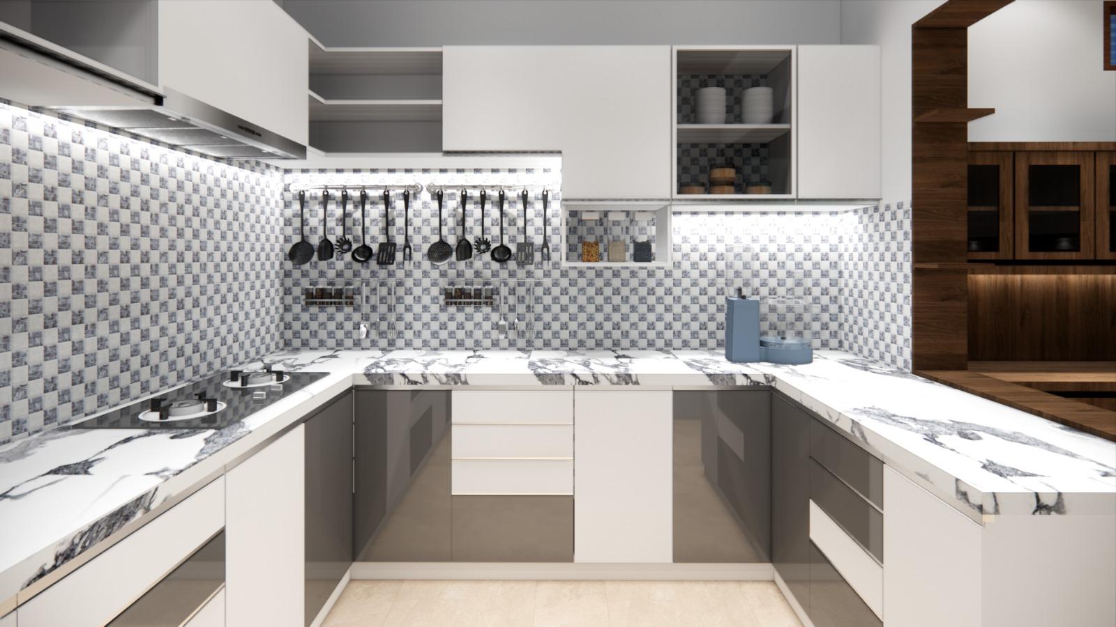 Modern white and grey modular kitchen interior design in Chennai