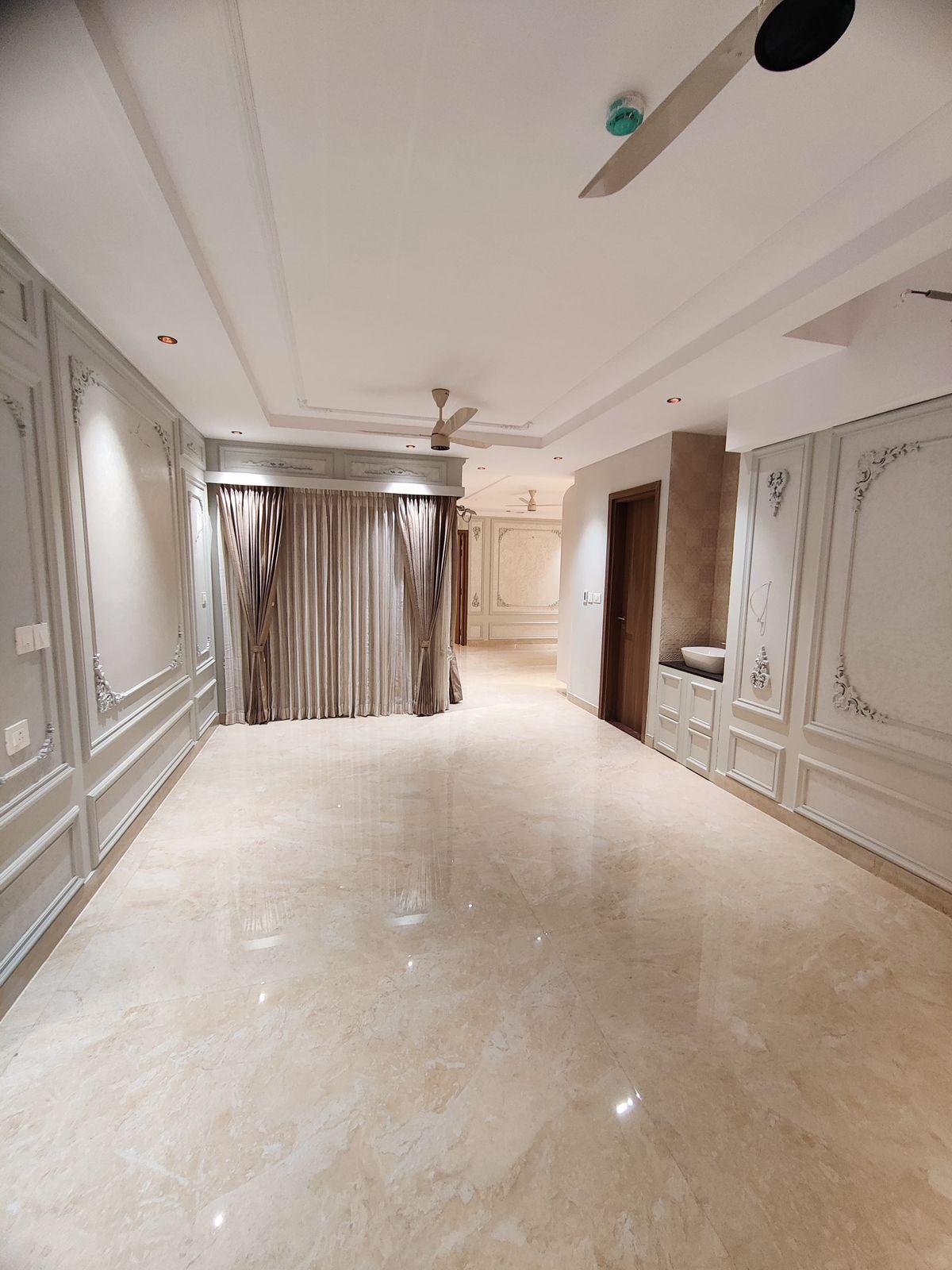 Premium living hall interior design with curtains and ceiling lights